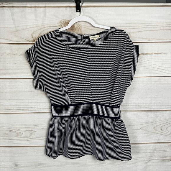 Monteau Black & White Striped Smocked Back Capped Sleeve Blouse Size XL - Picture 1 of 8